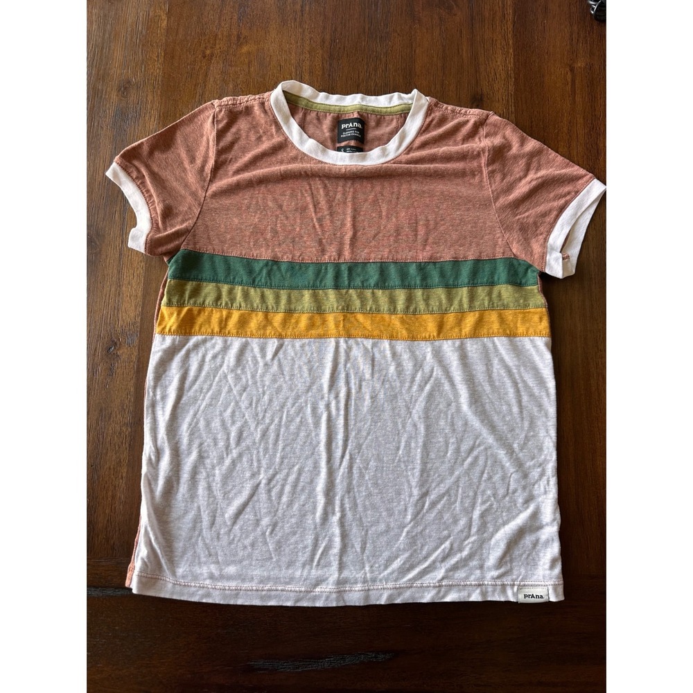 Prana Womens Retro Colorblock Ringer T-Shirt Rust Green Stripe Size S